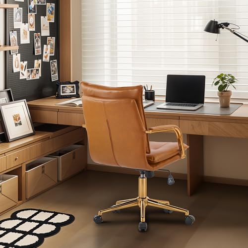 MOJAY Mid-Back Ergonomic Leather Office Chair, Modern Upholstered Executive Desk Chair with Gold Frame Armrest Computer Task Chair (Camel) MOJAY