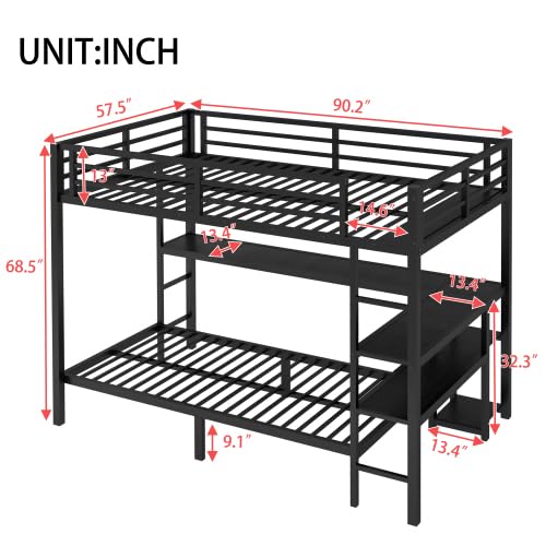 Harper & Bright Designs Metal Bunk Bed with Desk and Shelves, Full Over Twin Bunk Bed Frame with LED and USB, Multiple Placement (Full/Twin, Black) Harper & Bright Designs