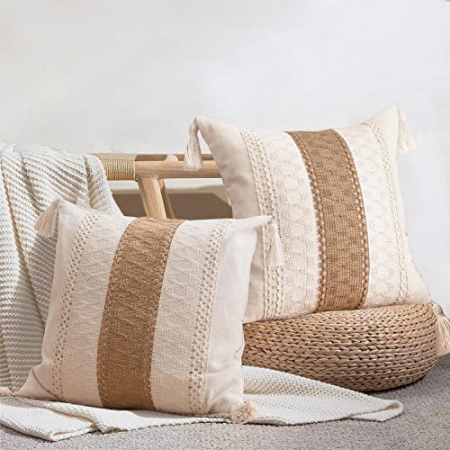 DUKYMIK Woven Farmhouse Accent Decorative Throw Pillow Covers for Couch Sofa - 18 x 18 Inch Decorative Boho Neutral Pillow Cushion with Tassels for Living Room, Natural Beige, Single Stripe DUKYMIK
