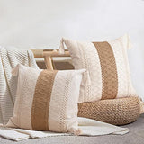 DUKYMIK Woven Farmhouse Accent Decorative Throw Pillow Covers for Couch Sofa - 18 x 18 Inch Decorative Boho Neutral Pillow Cushion with Tassels for Living Room, Natural Beige, Single Stripe DUKYMIK