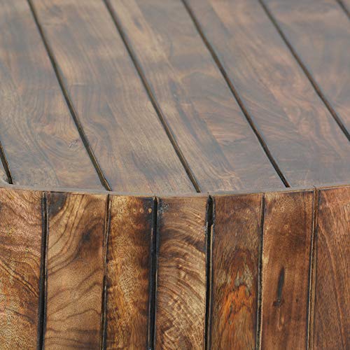 The Urban Port 34-Inch Handmade Wooden Round Coffee Table with Plank Design, Burned Brown TUP THE URBAN PORT