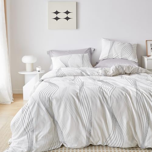 SUSYBAO Aesthetic Striped Duvet Cover King 100% Cotton 3 Pcs Set 1 Abstract Black Stripe Duvet Cover with Zipper Ties 2 Pillowcases Minimalist White Pinstripe Bedding Set Soft Comfy SUSYBAO