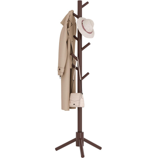 Sywhitta Coat Rack Stand, Wooden Freestanding Coat Rack with 8 Hooks, Easy Installation Clothes Hanger Stand for Clothes,Coats,Skirts,Used in Entryway,Hallway, Bedroom，Coffee