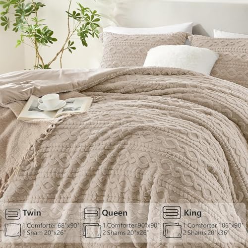 Homelike Moment Fluffy Comforter Set Queen Size, Beige Warm Fleece Comforter Full Size Bed Set for Winter 3 Piece Homelike Moment