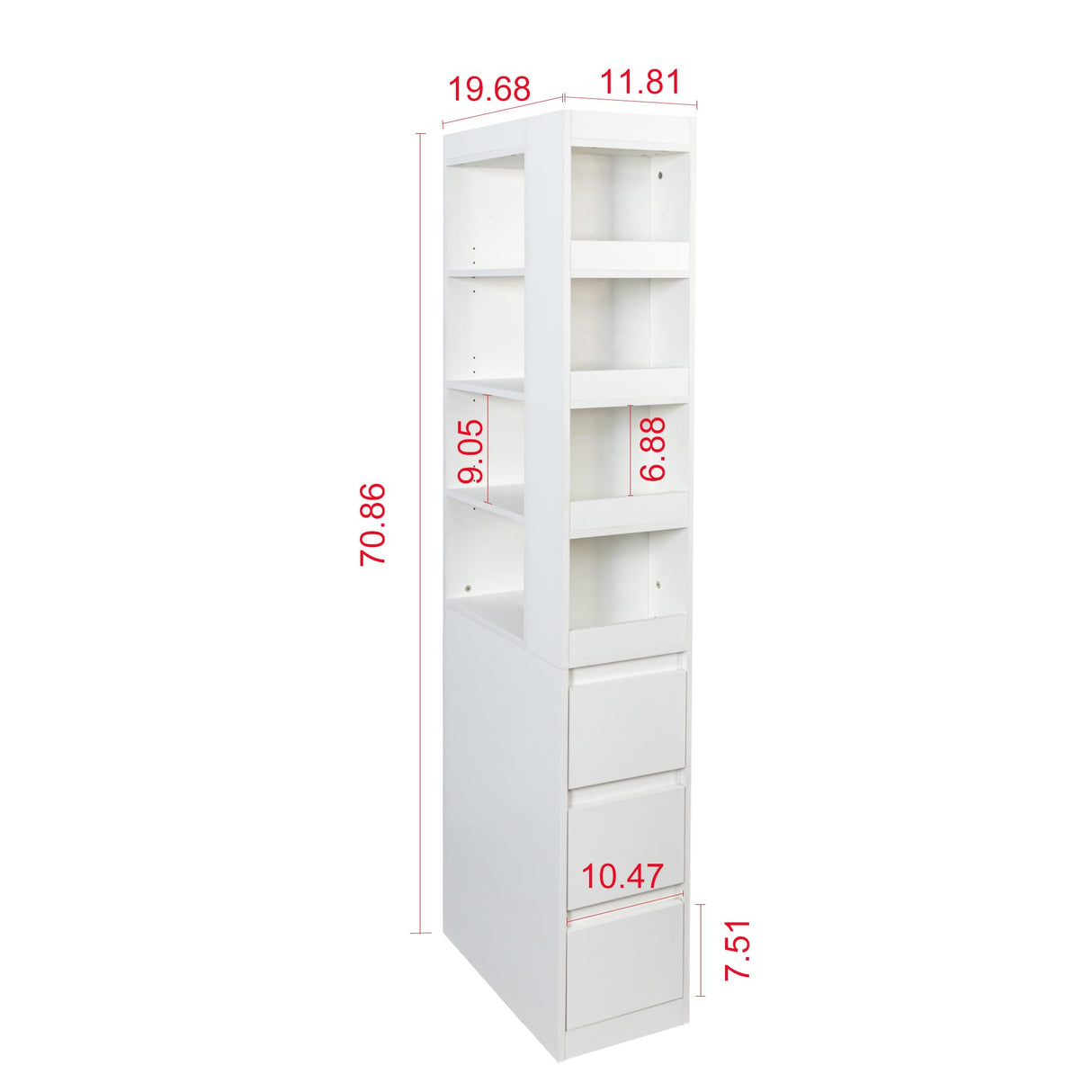 KEIKI 70.87" H Display Storage Cabinet with 4-Tier Shelf, 3 Side Drawers & 4 Small Display Shelves, Modern Wooden Tall Bookshelf Bookcase for Living Room, Office, White (Style A) KEIKI