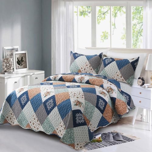 Dinjoy Reversible Patchwork Quilt Bedding Set Full Size Blue Green Grey Plaid Floral Pattern Bedspread Set Soft Microfiber Coverlets Bed Set 3 Pieces Spring Summer Fall Use (78x90 inches) Dinjoy