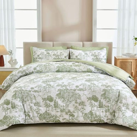 DJY Full Size Comforter Sets, Sage Green 7 Pieces Bed in a Bag Full Botanical Comforters with Sheets Elegant Plants Print Soft Microfiber Reversible Complete Bedding Sets for All Season DJY