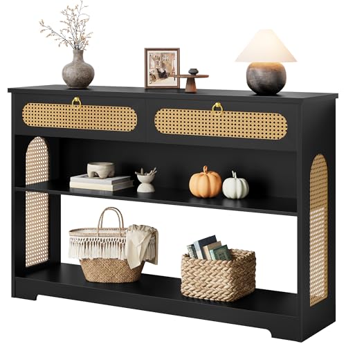Hoctieon Rattan Console Table with 2 Drawers, 3-Tier Boho Woven Entryway Table with Back Panel and Open Storage Shelf, 40" Wood Narrow Long Sofa Tables for Hallway, Foyer, Living Room, Black Hoctieon