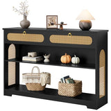 Hoctieon Rattan Console Table with 2 Drawers, 3-Tier Boho Woven Entryway Table with Back Panel and Open Storage Shelf, 40" Wood Narrow Long Sofa Tables for Hallway, Foyer, Living Room, Black Hoctieon