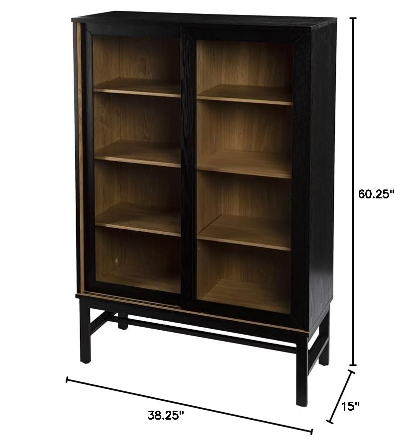 MAKLAINE Farmhouse Engineered Wooden Curio Cabinet in Black and Natural MAKLAINE