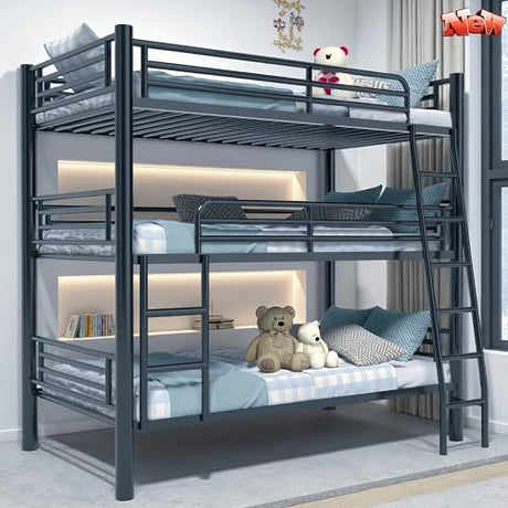 ZVXKLP Heavy Duty Metal Triple Bunk Bed,Triple Twin Bunk Beds for Kids and Adults,Separates Into 3 Beds,Tripple 3 Bed Frame with 2 Ladders & No Box Spring Needed,Weight Capacity: 450 LBS ZVXKLP