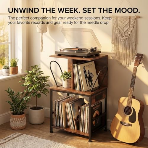 ZEXVIDA Record Player Stand with Vinyl Storage, Large Record Table Holds 180 Albums, Vinyl Record Storage Stand with USB Charger, Multi-Functional Side Table & Shelf for Living Room Bedroom ZEXVIDA
