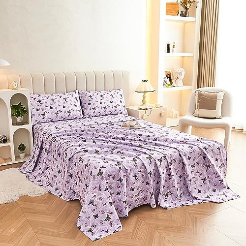 Softan Floral Twin Size Sheet Set, Purple Paisley Flower Printed Sheets for Kids Girls, Brushed Microfiber Fitted Sheet with 15" Deep Pocket & Non-Slip Straps, Butterfly Patterned Sheets Softan