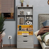 Stylish ADORNEVE Tall Night Stand with LED Lights, Charging Station, and Storage Drawers in Grey ADORNEVE