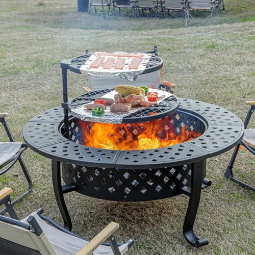 Panovue 36 Inch Fire Pit with 2 BBQ Grills, Wood Burning Fire Pits for Outside with Lid & Fire Poker, BBQ& Outdoor Firepit & Round Metal Table 3 in 1 for Patio, Picnic, Party… Panovue