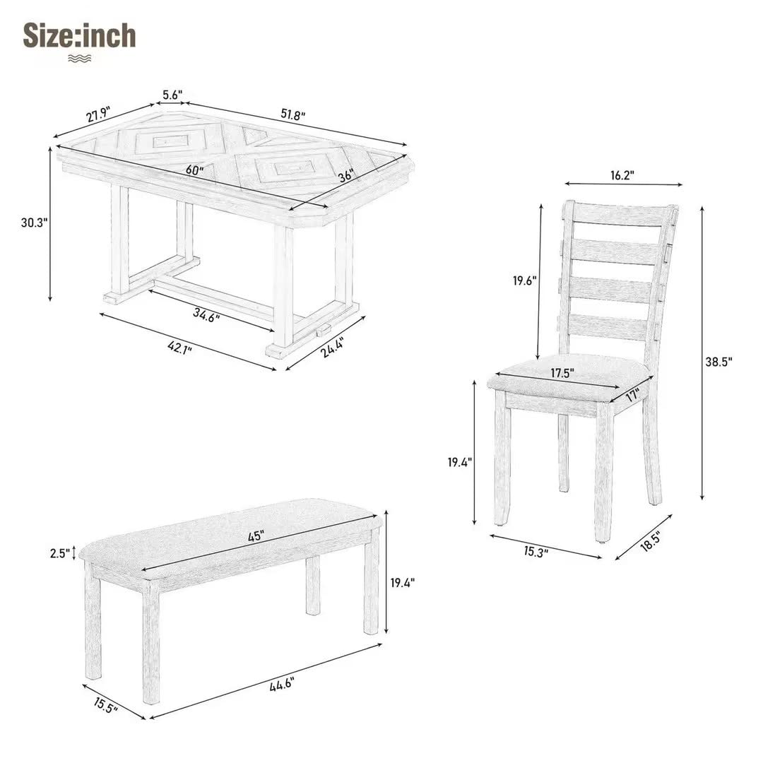 LUMISOL 6 Piece Solid Wood Kitchen Dining Room Table Set with Bench and Chairs, Farmhouse Rustic Dining Table Set with Recantgle Table with Wood Grane and Upholstered Seating, PitchNatural Wo - WoodArtSupply
