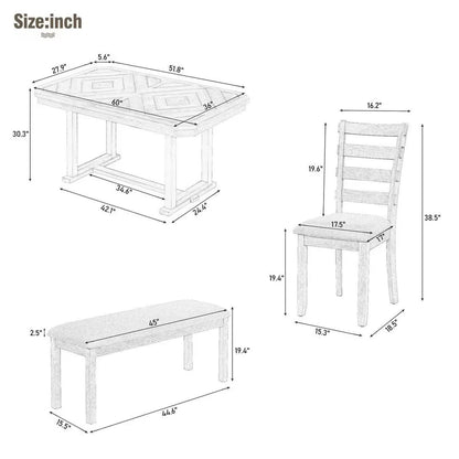 LUMISOL 6 Piece Solid Wood Kitchen Dining Room Table Set with Bench and Chairs, Farmhouse Rustic Dining Table Set with Recantgle Table with Wood Grane and Upholstered Seating, PitchNatural Wo - WoodArtSupply