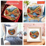 Zhenqing Lake Autumn Forest Embroidery Kit for Beginners, Pre-Printed 29x29cm Circular Cotton Fabric with 20cm Hoop, Fall Lakeside Landscape Design (C0193)