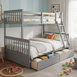 Merax Wood Bunk Bed with Drawers,Convertible Wood Bunk Bed with Ladders and Two Storage Drawers,Solid Wood Detachable Bed Frame with Ladders,Twin Over Full Size,Grey Merax