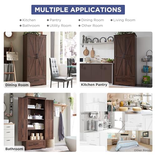 JXQTLINGMU 72" Tall Farmhouse Kitchen Pantry with Adjustable Shelves, Large Wood Storage Cabinet with Drawer & 2 Barn Doors, Versatile Storage for - WoodArtSupply