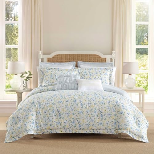 Laura Ashley - King Comforter, Soft Reversible Bedding Set, Includes Matching Shams with Bonus Euro Shams & Throw Pillows, Farmhouse Home Decor (Nora Blue, King) Laura Ashley