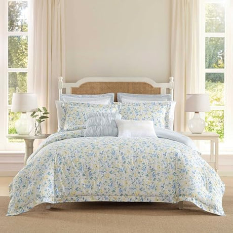 Laura Ashley - King Comforter, Soft Reversible Bedding Set, Includes Matching Shams with Bonus Euro Shams & Throw Pillows, Farmhouse Home Decor (Nora Blue, King) Laura Ashley