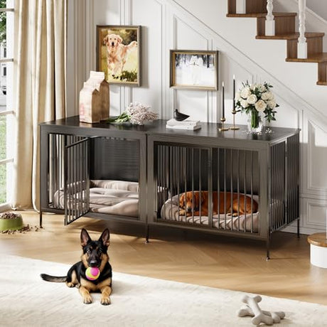 79‘’ Double Dog Crate Furniture, Large Dog Kennel Indoor, Heavy Duty Double Dog Crates for Medium/Large Dogs, Dog Kennel Furniture Indoor As TV Stand, Rustic Black GAOMON