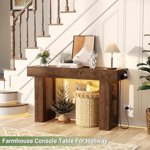 Unikito 47" Entryway Table with Socket and Sensor Light, Narrow Console Table with Storage Behind Couch, Farmhouse Entry Way Tables with Open Storage for Entrance/Hallway/Living Room, Rustic Oak Unikito