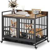 YITAHOME 37.5'' Heavy Duty Dog Crate with Removable Divider, Double Doors & Locks Design, Furniture Style Large Dog Crate with 360° Rotatable Dog Bowls & 360° Wheels & 2 Trays for Small/Medium Dog YITAHOME