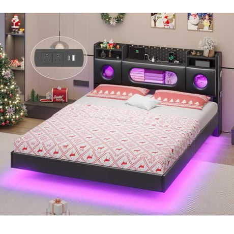 Dnxao Floating Bed Frame Queen with Headboard, Upholstered Platform Queen Bed Frame with Storage, LED Lights and Charging Station, Noise Free, No Box Spring Needed,Quick Setup System,PU Black Dnxao