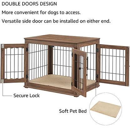 beeNbkks Furniture Style Dog Crate End Table, Double Doors Wooden Wire Dog Kennel with Pet Bed, Decorative Pet Crate Dog House Indoor Medium Large