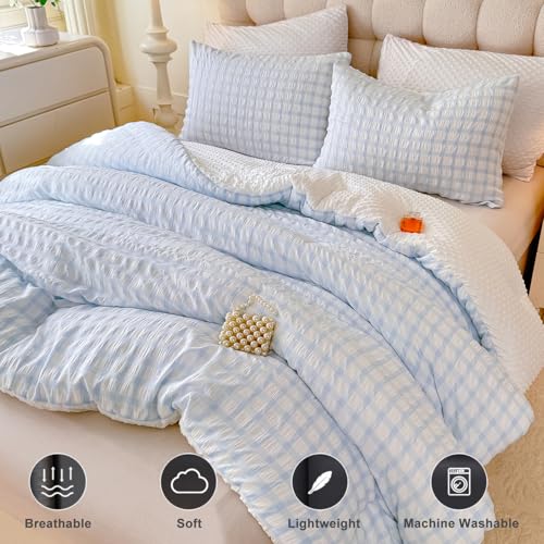 tohrisa Boho Comforter Set Full Size - 3 Pieces Lightweight Jacquard Seersucker Bedding Sets (1 Soft Fluffy Grid Comforter & & 2 Pillowcases) - All Seasons Cozy Modern Bed Set(80"x90" Light Blue) tohrisa