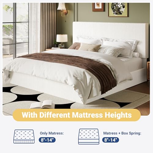Allewie King Bed Frame, Upholstered Platform Bed, Adjustable Vertical Channel Tufted Headboard, Corduroy Fabric, Modern Low Profile, Wooden Slats, No Box Spring Needed, Easy Assembly, White Allewie