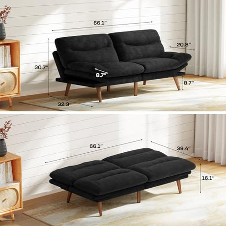 Marsail Futon Sofa Bed, 66” Futon Couch with Adjustable Backrest & Armrests, Convertible Small Sleeper Sofa Bed for Small Apartments, Study Room, Office, Corduroy Loveseat, Black Marsail