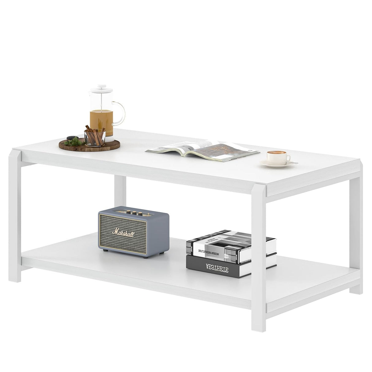 EXCEFUR White Coffee Table with Storage, Modern Center Table for Living Room, Rustic Wood and Metal Cocktail Tables, White Oak EXCEFUR