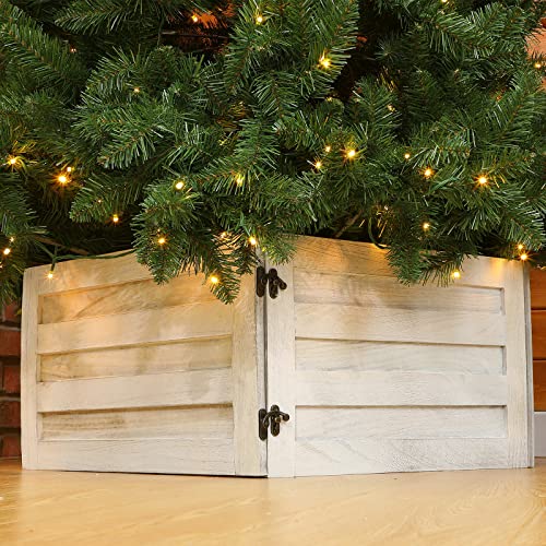 Wood Christmas Tree Collar Box Washed Tree Stand Cover Rustic Christmas Tree Box Skirt Farmhouse Christmas Tree Skirts Replacement Blocks for Christmas Tree Decorations, 22 x 12 Inch (White)