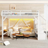 Bellemave Metal Full Size Loft Bed with Stairs and Wardrobe,Heavy Duty Loft Bed Frame with LED Lights and Charging Station for for Kids,Teens,Adults,White Bellemave
