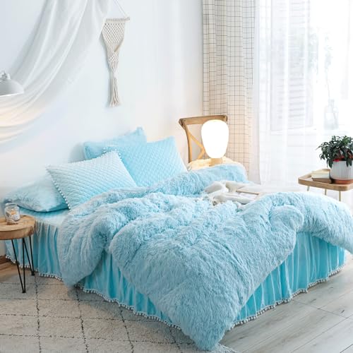 HAIHUA Blue Fluffy Comforter Cover Set - Faux Fur Light Blue Twin Bed Comforter Cover Set 1 Pieces (1 Plush Duvet Cover) Girls Bedding Sets, Solid Color (Blue, Twin) HAIHUA