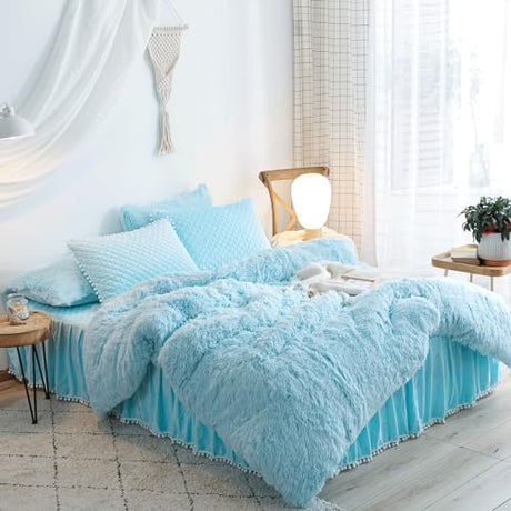 HAIHUA Blue Fluffy Comforter Cover Set - Faux Fur Light Blue Twin Bed Comforter Cover Set 1 Pieces (1 Plush Duvet Cover) Girls Bedding Sets, Solid Color (Blue, Twin) HAIHUA
