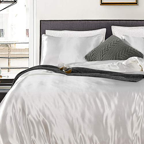 Erosebridal Hotel White Duvet Cover Full Silk Like Satin Bedding Set Reversible Quilt Comforter Cover Honeymoon Sexy Luxury Soft Lightweight Brushed Bedspreads for Farmhouse Room Decor Erosebridal
