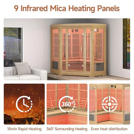 springspa Infrared Sauna 4 Person, Low EMF Far Infrared Sauna for Home, Indoor Corner Sauna, Hemlock Wooden Dry Sauna Room with Bluetooth Speaker, 7 Color Chromotherapy Lights springspa