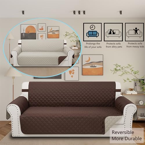 Luxshare Home Reversible Couch Cover for 3 Cushion Couch Sofa Cover Washable for Pet Friendly with Elastic Straps Water Repellent(Sofa, Chocolate/Beige) Luxshare Home