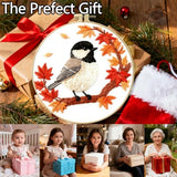 Zhenqing Black-Capped Chickadee Embroidery Kit for Beginners, Pre-Printed 29x29cm Cotton Fabric with 20cm Hoop, Autumn Bird and Maple Leaves Design (C0212)