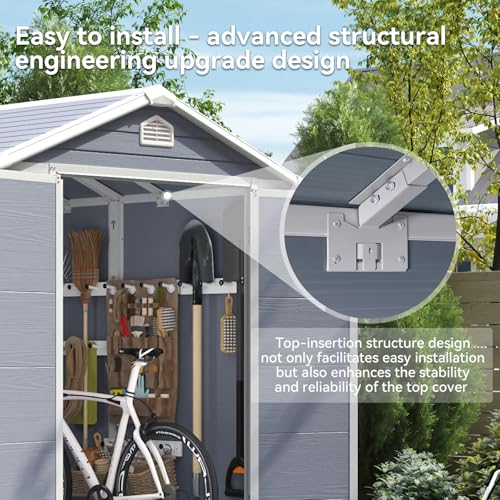 Aoxun 8x6FT Resin Outdoor Storage Shed with Floor, Plastic Garden Shed with Lockable Door and Window, Tools House to Store Patio Furniture, Bike Accessories, Garbage Can and Lawn Mower - Grey Aoxun