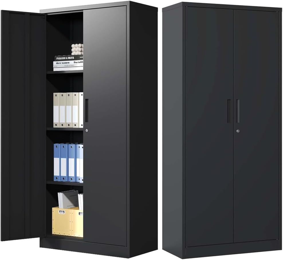 Metal Storage Cabinet with Lock, 71" Lockable Garage Tool Cabinet with Doors and Shelves, Tall Steel Cabinet for Garage, Heavy-Duty Black File Cabinet for Home Office, Gym, School (Black, 71")