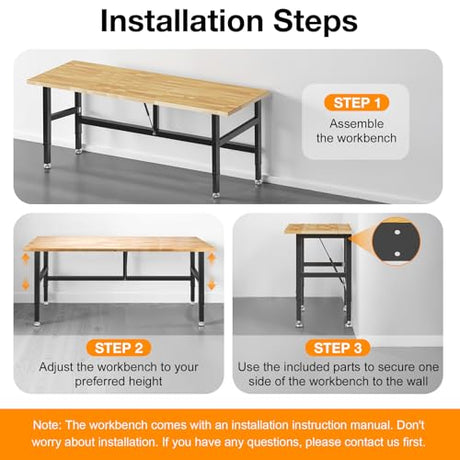 MUWOOD 72” Folding Workbench, 3000 LBS Capacity Heavy Duty Workbench, Height Adjustable Foldable Work Table, Rubberwood Collapsible Desk for Workshop, Garage, Office, Home MUWOOD