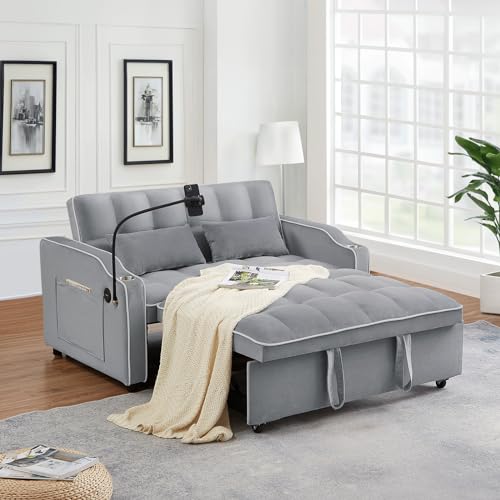 Pull Out Sofa Bed with Phone Holder, Convertible Velvet Loveseat Sleeper with 2 USB Charging Ports, Modern Futon Couch with Cup Holders and Adjustable Backrest, Love Seat for Living Room, Light Grey