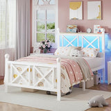 DynJest Twin White Bed Frame with Headboard and Footboard, Storage Shelf with LED Lights and Charging Station, Strong Metal Slats Support, No Box Spring Needed, Under Bed Storage, Easy Assembly DynJest