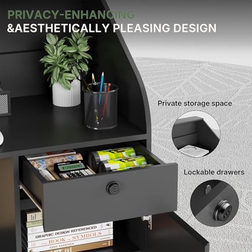 Reception Desk with Counter, Modern Front Desk Reception Room Table with LED Lights, Retail Checkout Counter with Lockable Drawers & Power Outlets for Lobby, Salon, Home Office Desk, Black