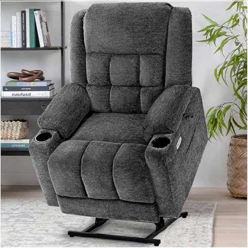 EONIX Dual Motor Lay Flat Power Lift Recliner Chair for Elderly, Electric Recliner Lift Chair for Adults with Heat and Massage, Cup Holders, 400lbs Heavy Duty, SLRY014062, Dark Grey EONIX